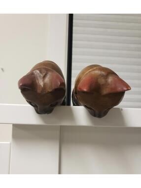 Pair Vintage Carved Wood Cats - Hand Carved Wooden Cat Figurines